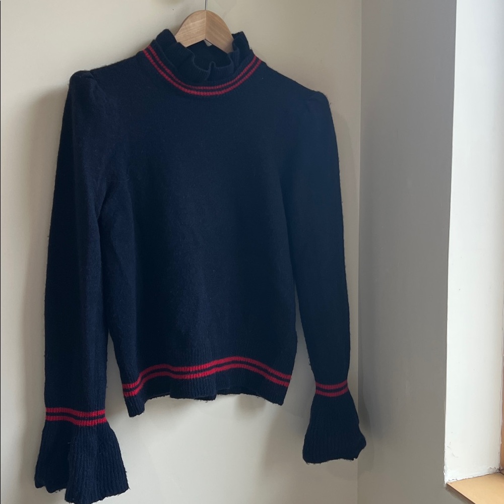Sandro Paris Navy and red striped Sweater with Ruffle Collar and sleeves. - Picture 2 of 7
